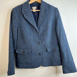 VTG L.L.Bean Blazer Womens L Navy Blue Tweed Wool Silk Blend Button Front Preppy